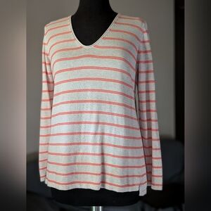 Old Navy White and Coral Striped V-Neck Long Sleeve Tee